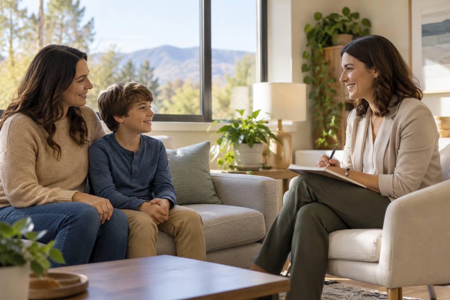 Mother and son talk with a clinician taking notes during a family visit about treatment options
